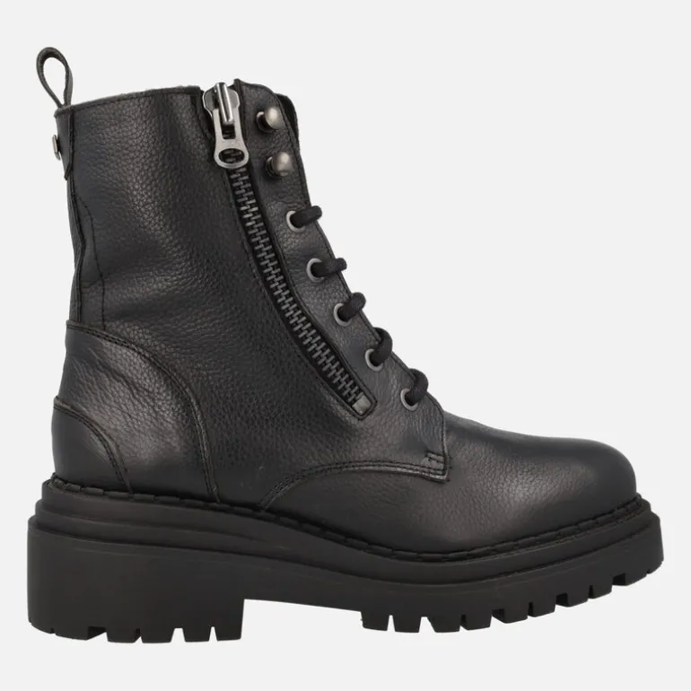 Botines de cordones estilo militar en piel negra con cremalleras