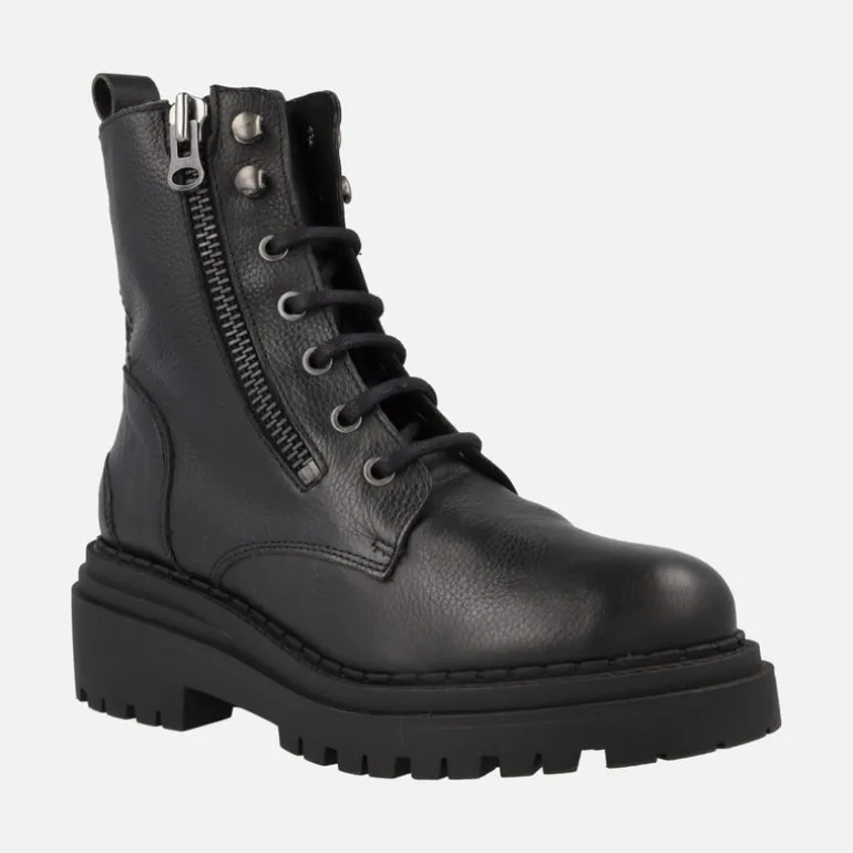 Botines de cordones estilo militar en piel negra con cremalleras