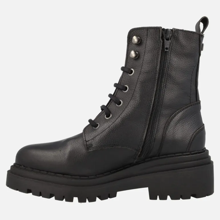 Botines de cordones estilo militar en piel negra con cremalleras