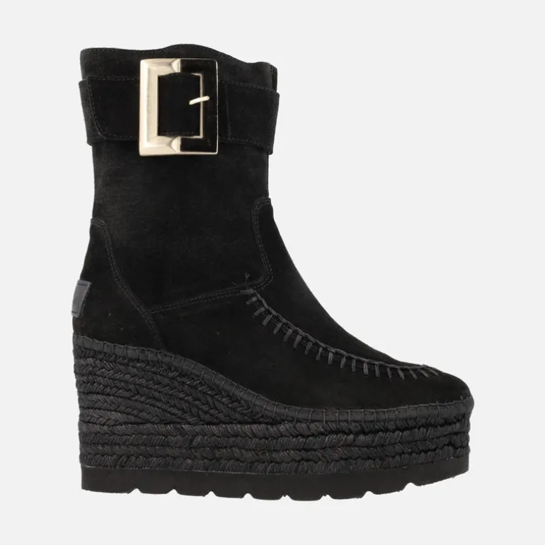 Botines de serraje con adorno de maxi hebilla y plataforma de yute