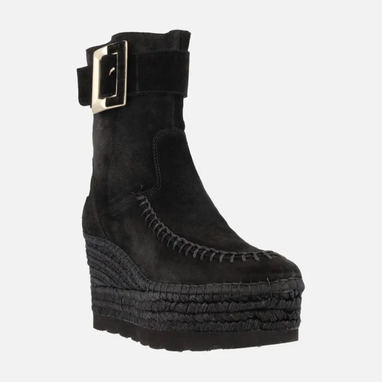 Botines de serraje con adorno de maxi hebilla y plataforma de yute