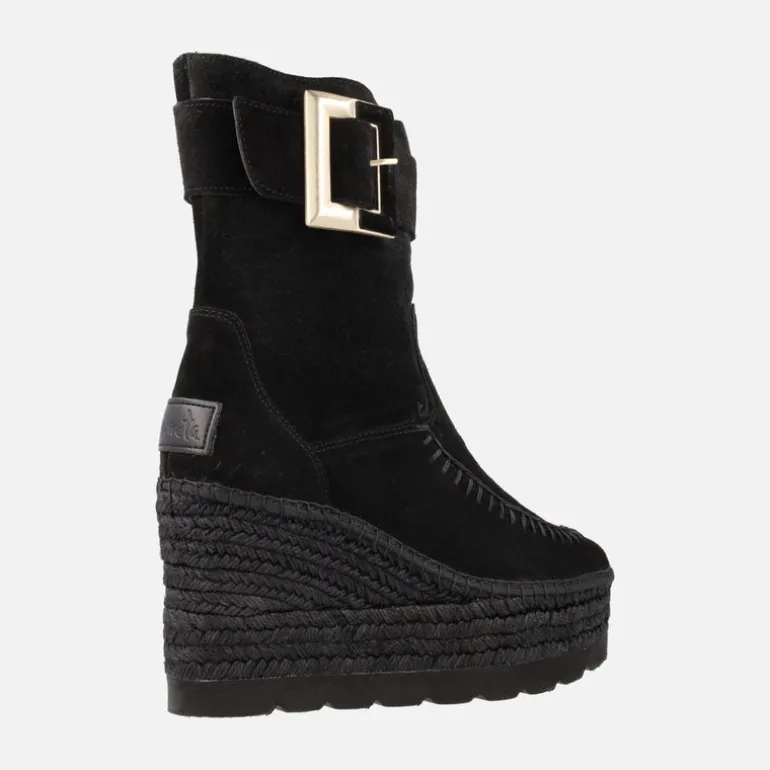 Botines de serraje con adorno de maxi hebilla y plataforma de yute