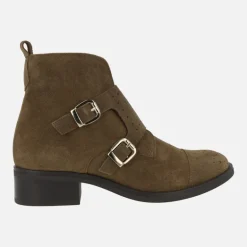 Botines de serraje marrón con adorno de hebillas