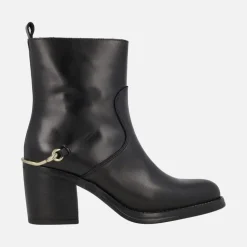 Botines de tacón en piel negra Leyna con adorno dorado en el talón