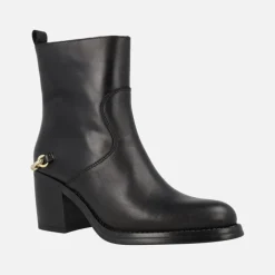 Botines de tacón en piel negra Leyna con adorno dorado en el talón