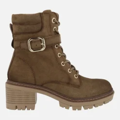 Botines de tacón en serraje camel con cordones y cremallera