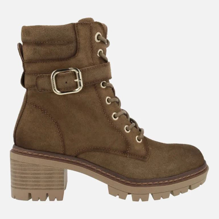 Botines de tacón en serraje camel con cordones y cremallera