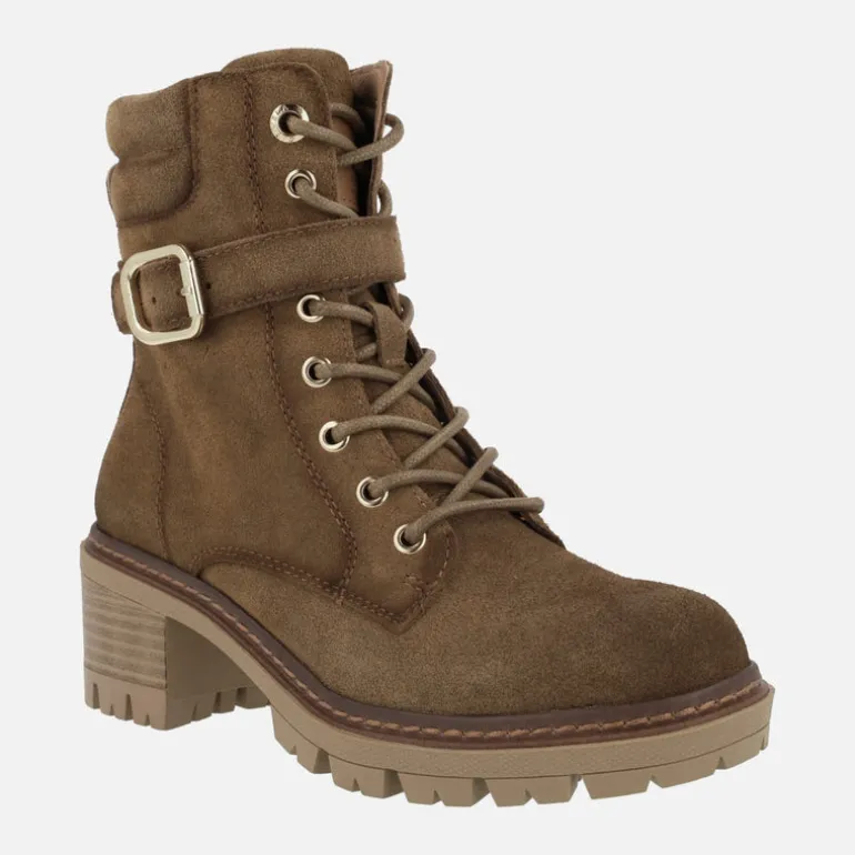 Botines de tacón en serraje camel con cordones y cremallera
