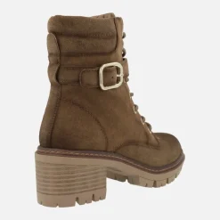 Botines de tacón en serraje camel con cordones y cremallera