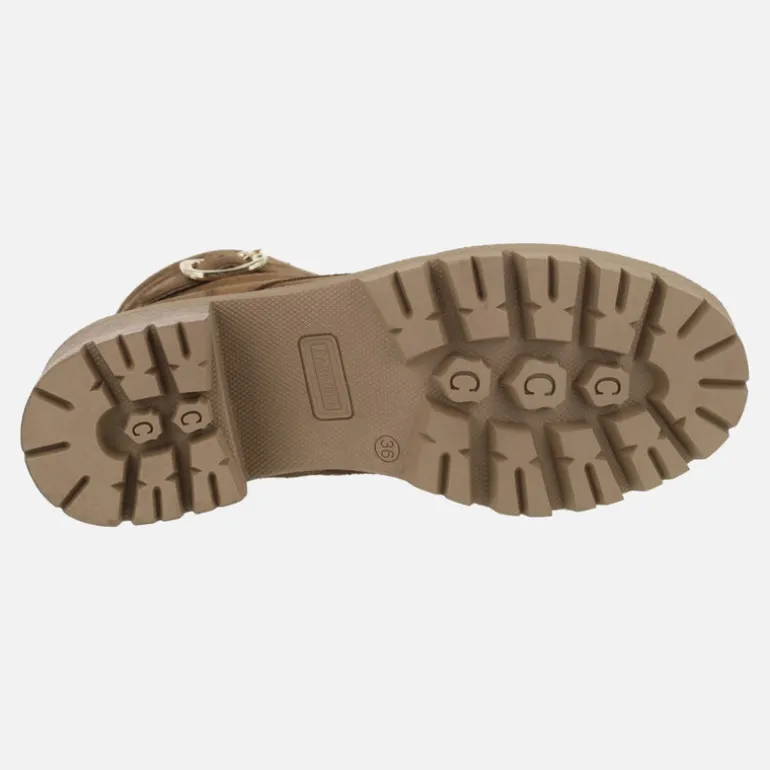 Botines de tacón en serraje camel con cordones y cremallera