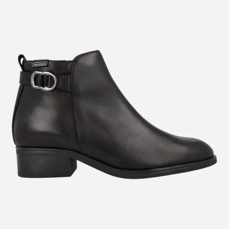 Botines negros de piel con tacón bajo y adorno Jordana