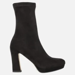 Botines negros de tejido elástico textura ante con tacón alto y plataforma