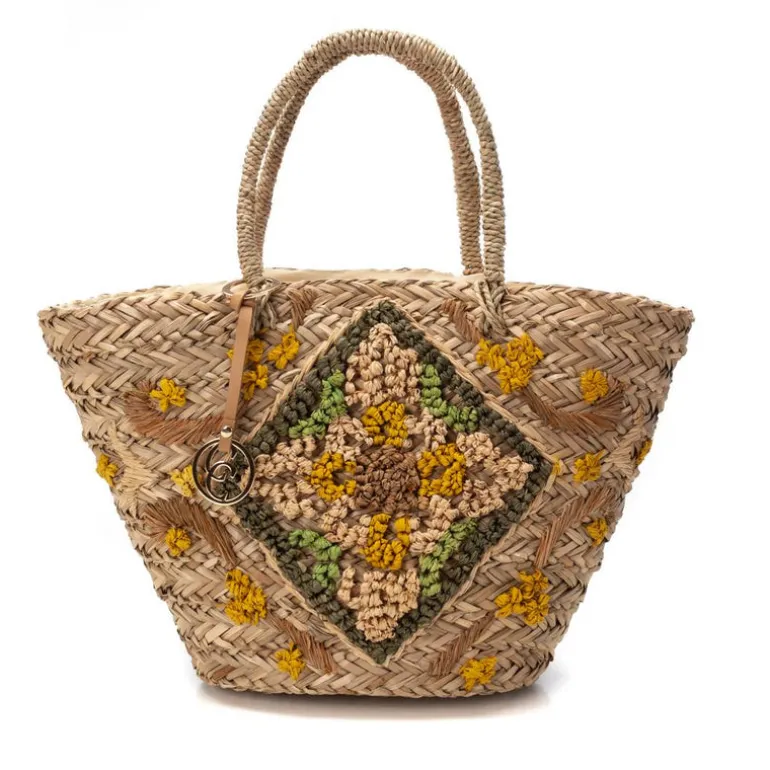 Cestos de rafia Carmela con detalles en verde y mostaza
