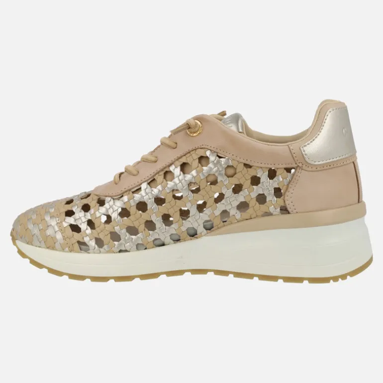 Deportivas trenzadas de piel en beige y oro con cordones elásticos
