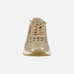 Deportivas trenzadas de piel en beige y oro con cordones elásticos