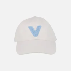 Gorras Victoria V en tejido blanco con logo en rizo azul