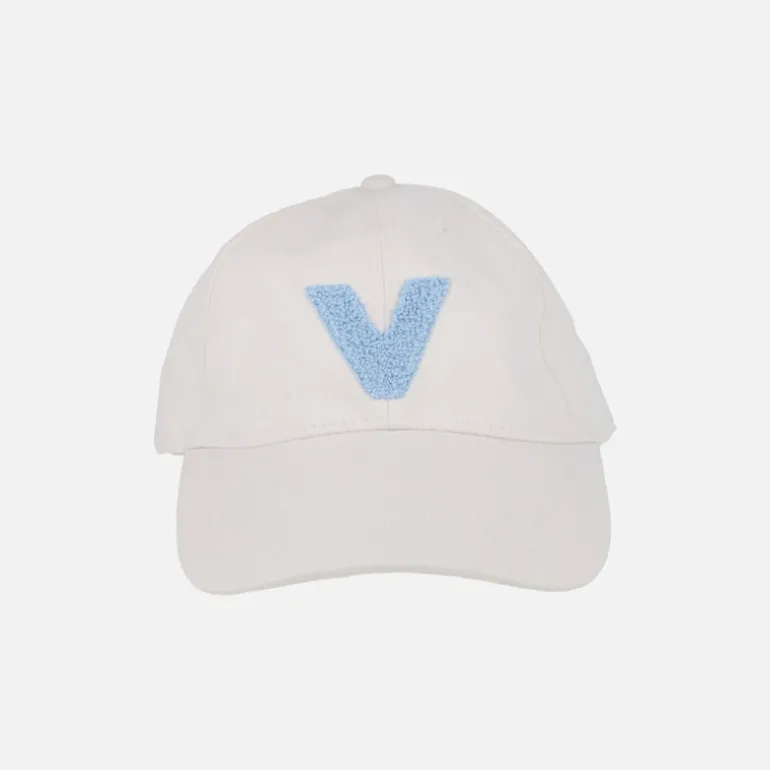Gorras Victoria V en tejido blanco con logo en rizo azul