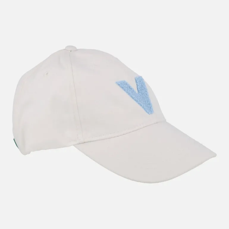 Gorras Victoria V en tejido blanco con logo en rizo azul