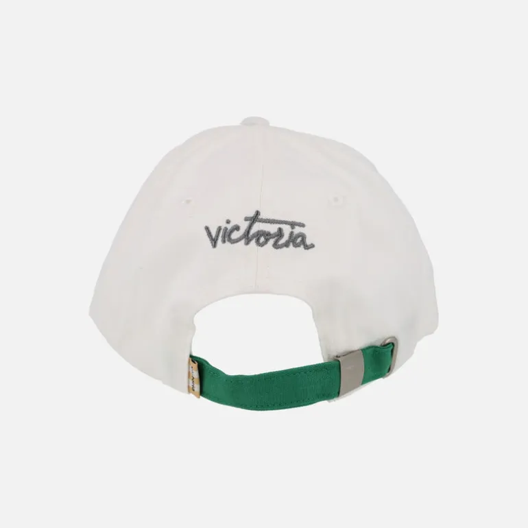 Gorras Victoria V en tejido blanco con logo en rizo azul