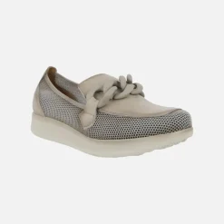 Mocasines combinados en piel y rejilla color taupe