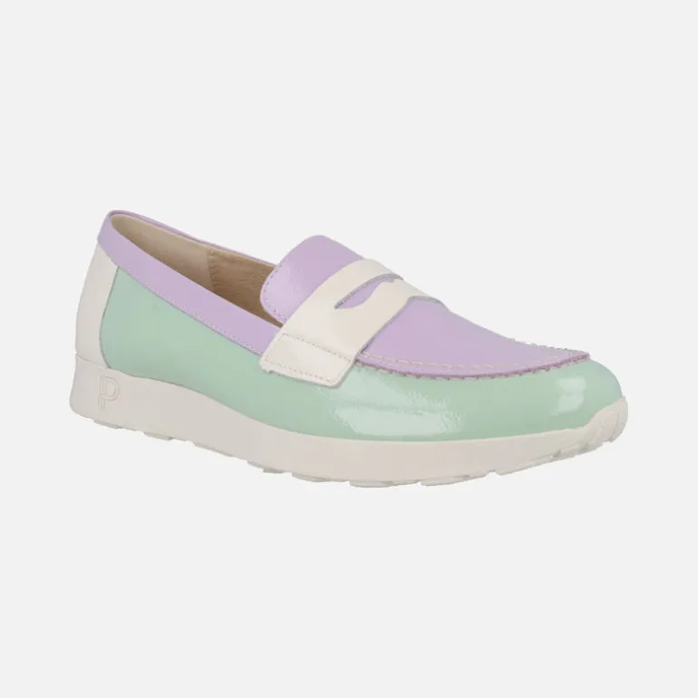 Mocasines combinados en piel charol con adorno de antifaz