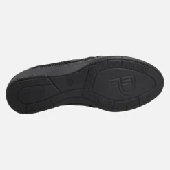 Mocasines confort en charol negro combinado con tejido estampado