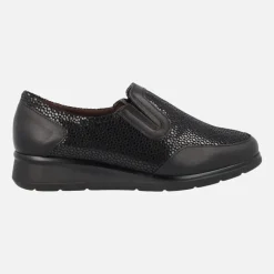Mocasines confort en combinado de piel y tejido estampado negro