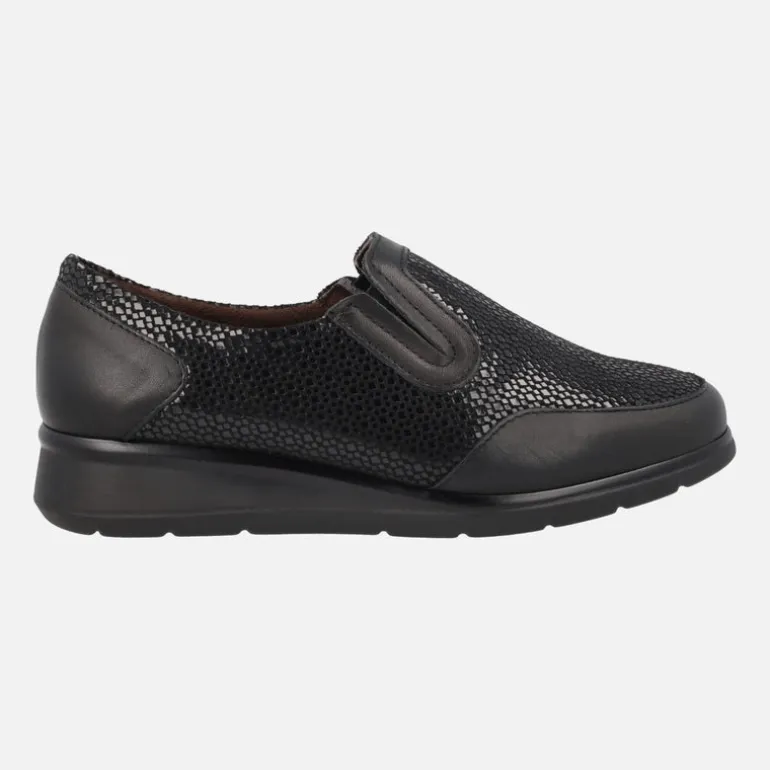 Mocasines confort en combinado de piel y tejido estampado negro