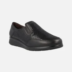 Mocasines confort en combinado de piel y tejido estampado negro