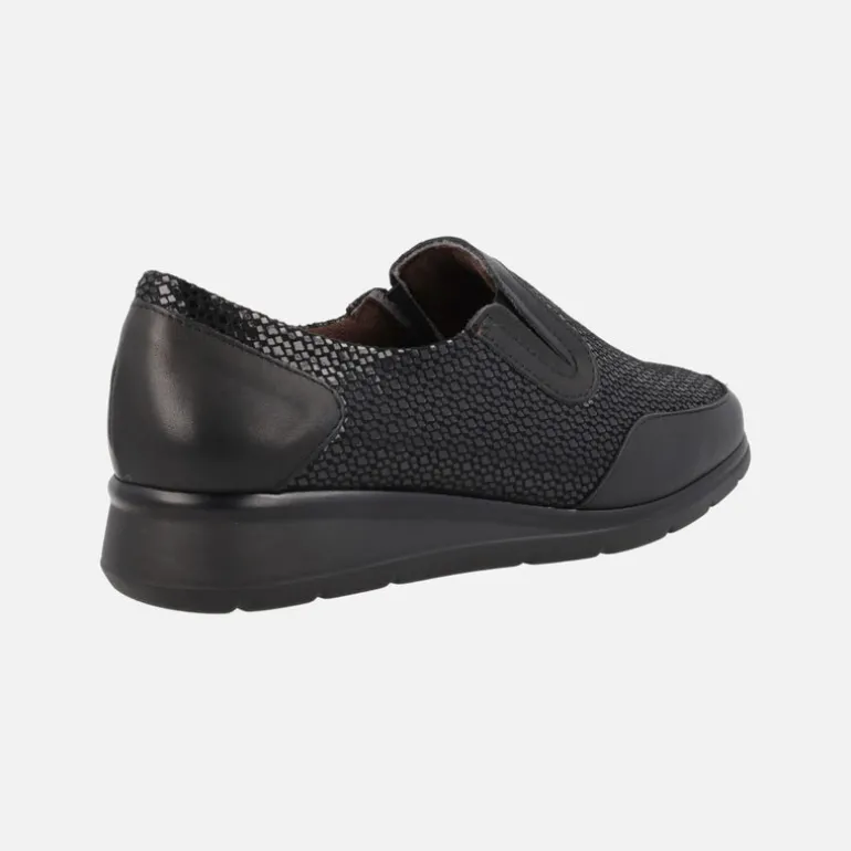 Mocasines confort en combinado de piel y tejido estampado negro