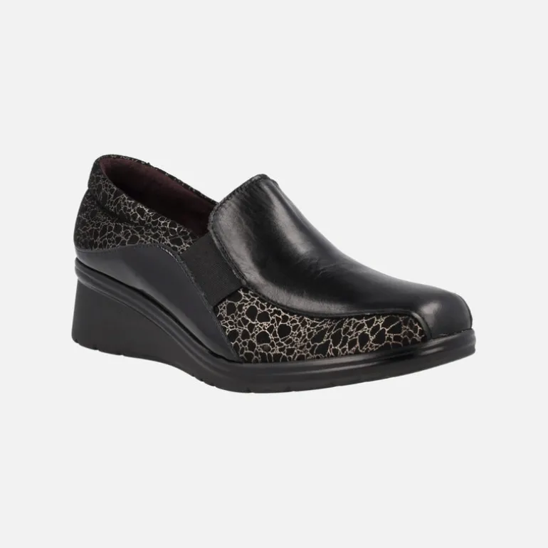 Mocasines confort para mujer en combinado negro y oro