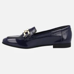 Mocasines de charol azul marino con adorno metálico dorado