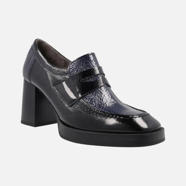 Mocasines de charol con tacón y plataforma en combinado negro - azul