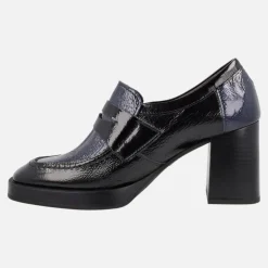 Mocasines de charol con tacón y plataforma en combinado negro - azul