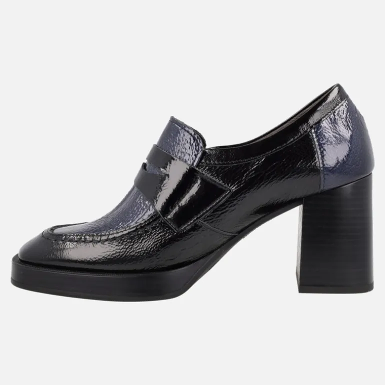 Mocasines de charol con tacón y plataforma en combinado negro - azul
