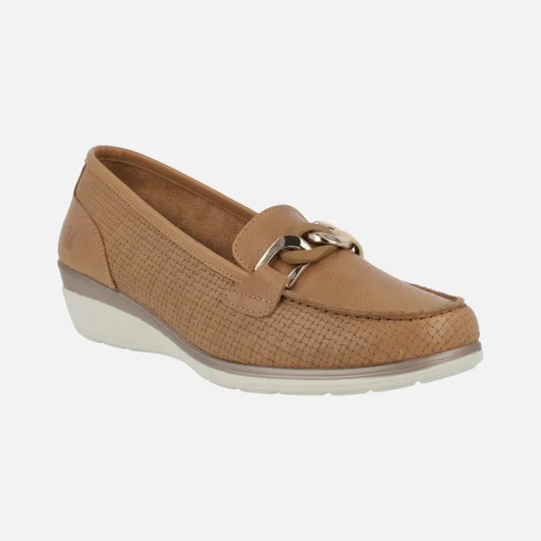 Mocasines de piel camel efecto trenzado con cadena