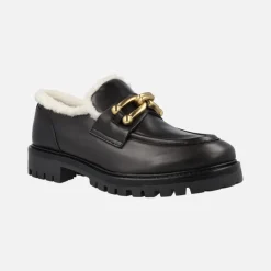 MOCASINES DE piel negra MILITARE CON FORRO BORREGUILLO Y ADORNO METÁLICO