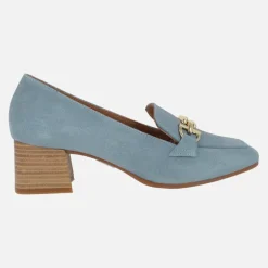Mocasines de tacón para mujer en ante con adorno metálico