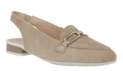 Mocasines destalonados para mujer en ante beige con adorno metálico