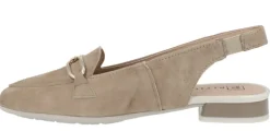 Mocasines destalonados para mujer en ante beige con adorno metálico
