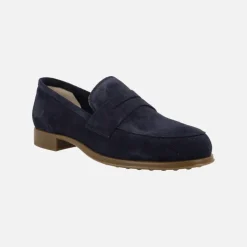 Mocasines en ante azul marino con adorno de antifaz y piso de goma