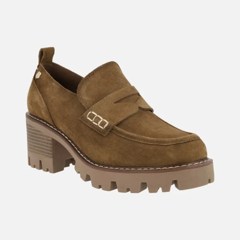 Mocasines en serraje cuero con tacón y antifaz