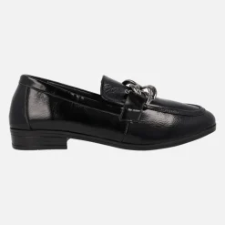 Mocasines negros de charol para mujer con adorno de cadena