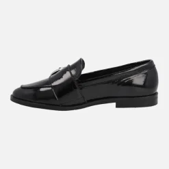Mocasines negros de charol para mujer con hebilla circular