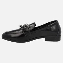 Mocasines negros de charol para mujer con adorno de cadena
