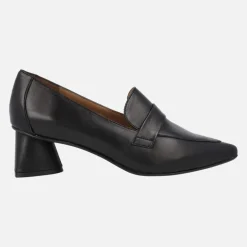 Mocasines negros de piel para mujer con tacones geométricos