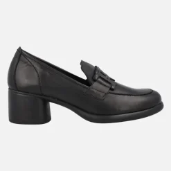 Mocasines negros de piel con tacón bajo y adorno