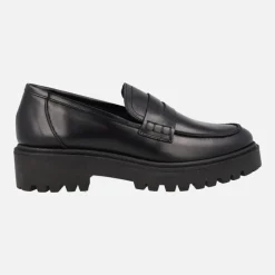 Mocasines negros de piel para mujer con piso track