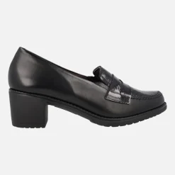 Mocasines negros de tacón con pala de coco y antifaz de charol