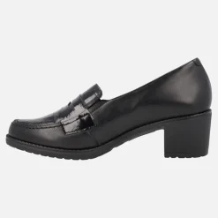 Mocasines negros de tacón con pala de coco y antifaz de charol